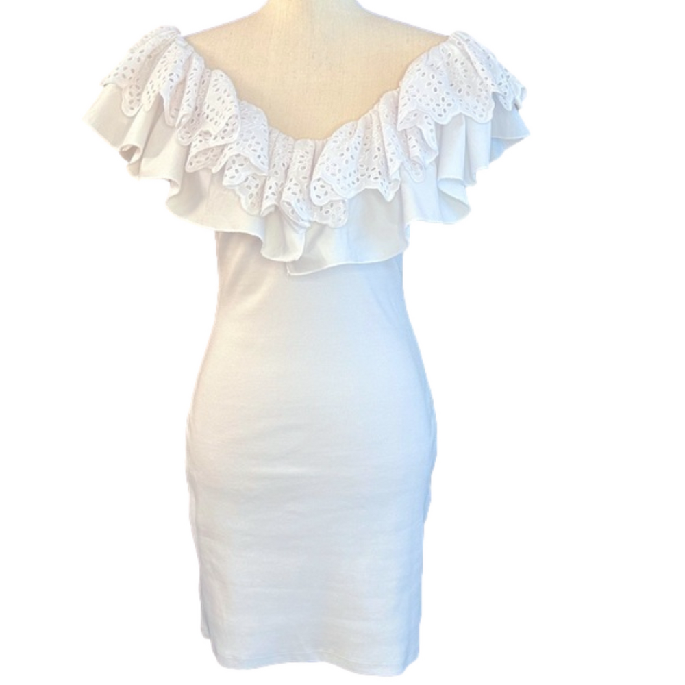 EUC Zara White Eyelet Ruffle Neck Mini Dress Size L